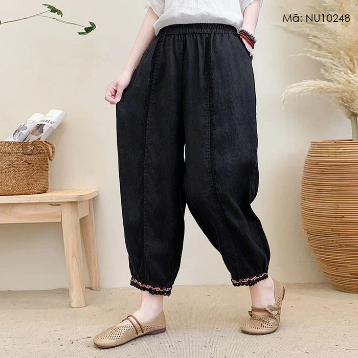 Quần baggy linen lưng thun ống côn thêu hoa lá - NU10248
