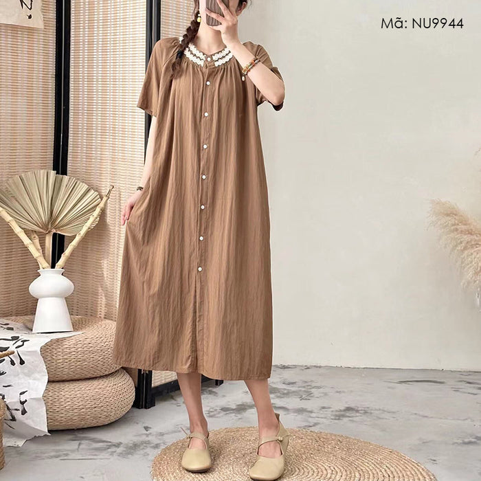 Đầm liền linen ngắn tay cổ tròn đính ren khuy cài - NU9944