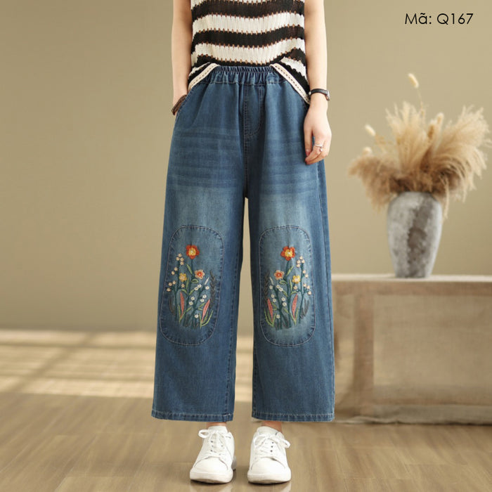 Quần baggy denim lửng thêu hoa lá đỗi xứng - Q167