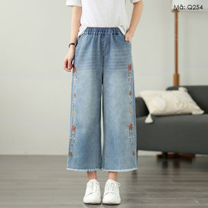 Quần baggy denim lửng lưng thun ống đứng thêu hoa mùa xuân - Q254