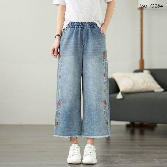 Quần baggy denim lửng lưng thun ống đứng thêu hoa mùa xuân - Q254