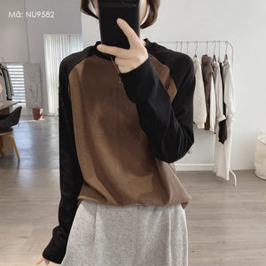 Áo T-shirt dài tay phối lệch màu cổ tròn - NU9582