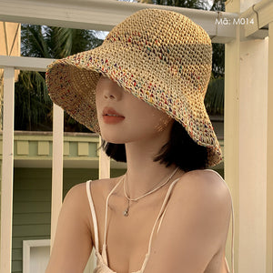 Mũ cói móc tay retro vành rộng phối màu sắc - M014
