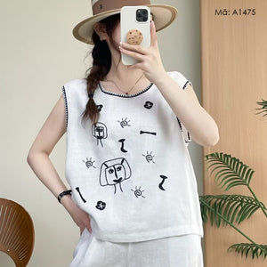Áo sơ mi linen sát nách thêu trừu tượng - A1475