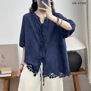 Áo sơ mi linen tay lửng thêu hoa - A1558