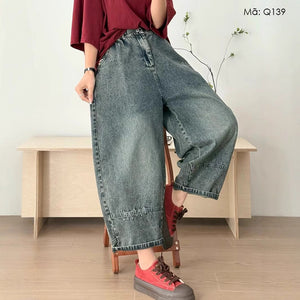 Quần baggy denim lửng lưng thun thêu nhịp tim - Q139
