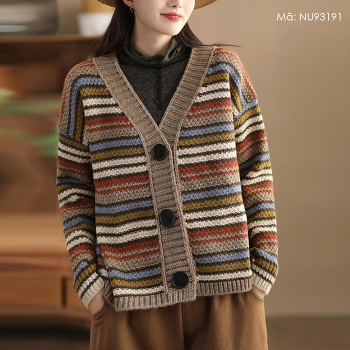Áo khoác len đan dài tay cổ V kẻ sọc ba khuy lớn - NU9319