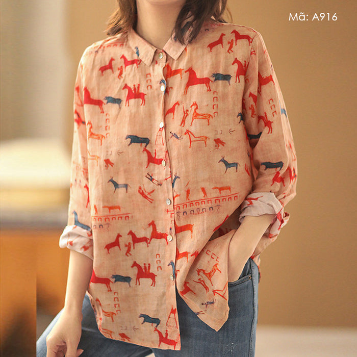 Áo sơ mi linen dài tay cổ đức in những chú ngựa - A916