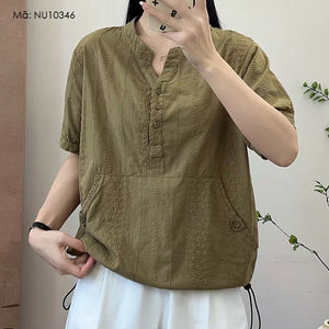 Áo sơ mi linen ngắn tay cổ tròn thêu retro vạt dây rút - NU10346