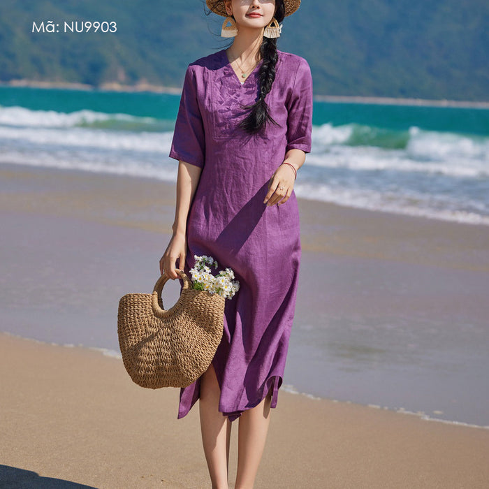 Đầm liền linen ngắn tay cổ V thêu trước ngực - NU9903