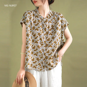 Áo sơ mi linen sát nhách cổ tàu in hoa liti một túi nhỏ - NU8927