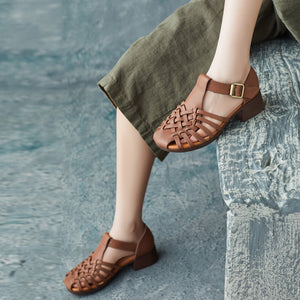 Dép da xỏ quai đan thủ công gót cao - OD2334