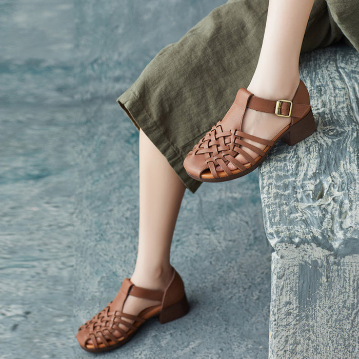 Dép da xỏ quai đan thủ công gót cao - OD2334