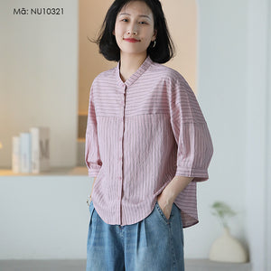 Áo sơ mi linen ngắn tay cổ đứng vạt mullet kẻ sọc - NU10321