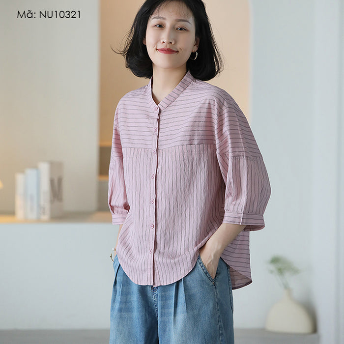 Áo sơ mi linen ngắn tay cổ đứng vạt mullet kẻ sọc - NU10321