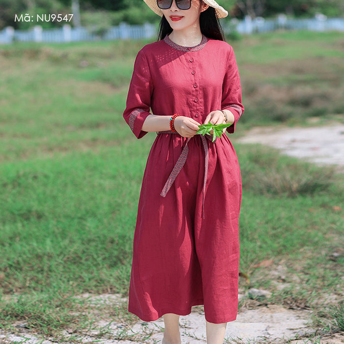 Đầm liền linen dài tay cổ tròn viền in hoa retro - NU9547