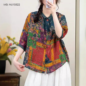 Áo sơ mi linen ngắn tay cổ pipi in hoa lá và mảng màu - NU10522