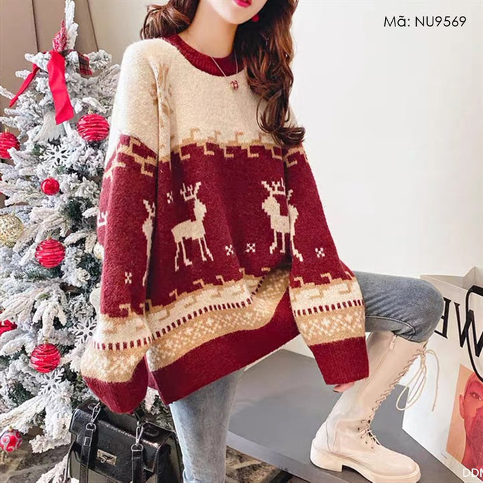 Áo len dài tay cổ tròn form rộng hoa văn bông tuyết và tuần lộc - NU9569