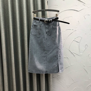 Chân váy denim retro túi kiểu kèm thắt lưng xẻ tà - V028