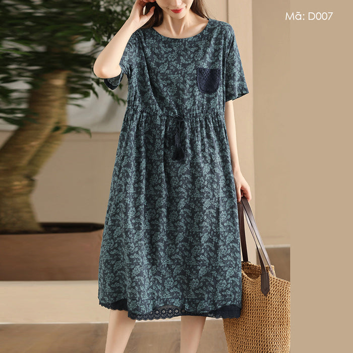Đầm liền linen ngắn tay cổ tròn một túi ren eo cột dây - D007