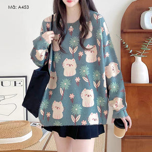 Áo len dài tay cổ tròn in những chú mèo và hoa - A453