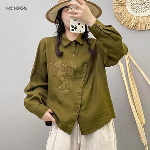 Áo sơ mi linen dài tay cổ đức thêu hoa vạt kiểu - NU9246