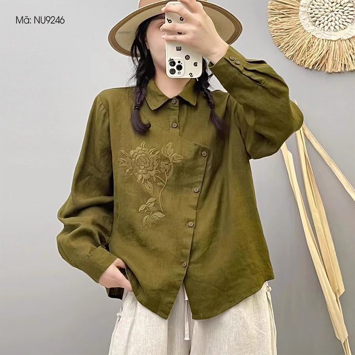 Áo sơ mi linen dài tay cổ đức thêu hoa vạt kiểu - NU9246