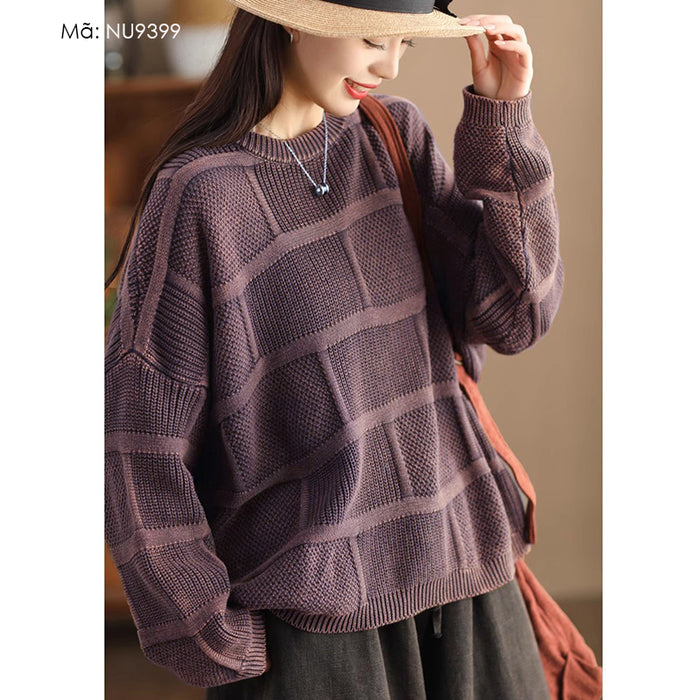 Áo len đan dài tay cổ tròn kiểu ô vuông form rộng - NU9399