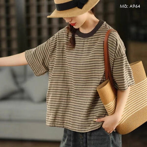 Áo T-shirt ngắn tay cổ tròn kẻ sọc ngang form rộng - A964