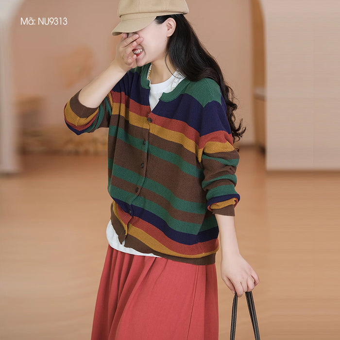 Áo khoác len đan cardigan dài tay cổ tròn kẻ sọc cầu vồng - NU9313