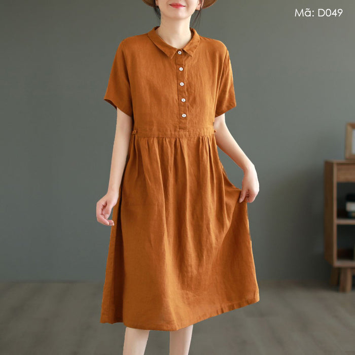 Đầm liền linen ngắn tay cổ đức khuy cài eo xếp - D049