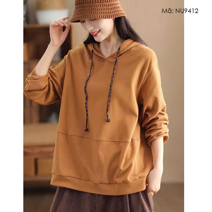 Áo hoodies dài tay đơn sắc dây mũ lệch màu - NU9412