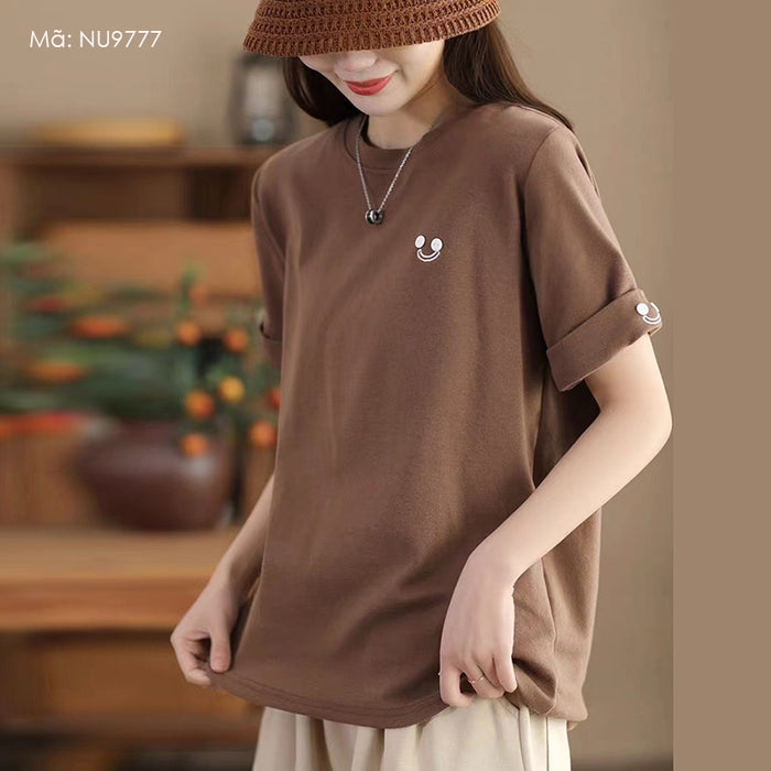 Áo T-shirt ngắn tay cổ tròn một màu mặt cười - NU9777