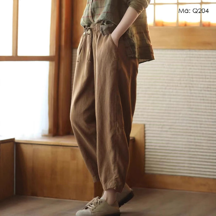 Quần baggy linen lưng thun dây rút ống côn - Q204