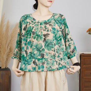 Áo sơ mi linen tay lửng cổ tròn khuy cài sau in hoa văn retro - NU8878