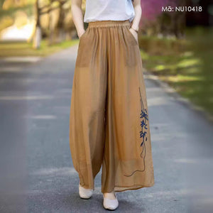 Quần baggy linen lưng thun ống rộng thêu nhành hoa - NU10418