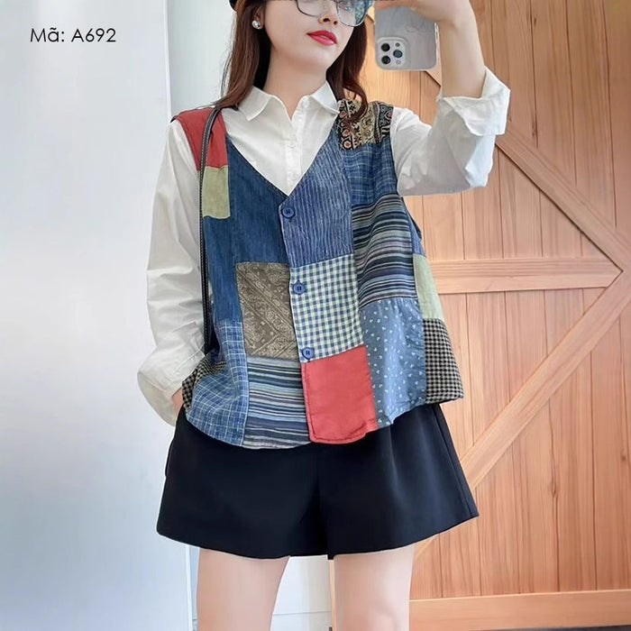 Áo khoác gile cổ V kiểu chắp vá hoa văn retro - A692