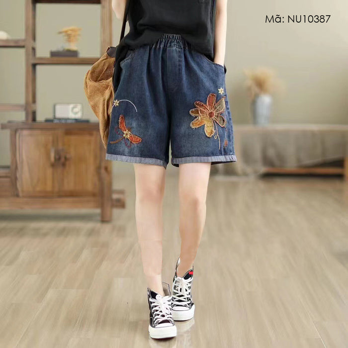 Quần sooc denim lưng thun thêu hoa và chú chuồn chuồn - NU10387