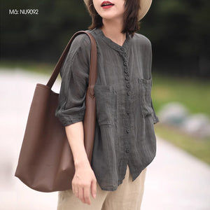 Áo sơ mi linen ngắn tay cổ đứng hai túi vuông - NU9092