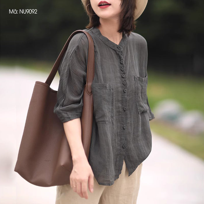 Áo sơ mi linen ngắn tay cổ đứng hai túi vuông - NU9092