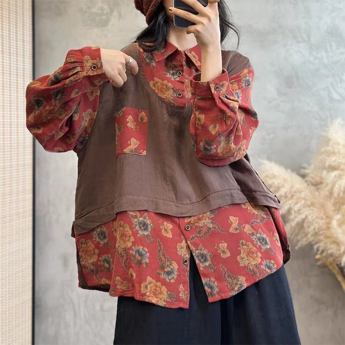 Áo sơ mi linen dài tay cổ đức kiểu hai mảnh in hoa lá - NU9273