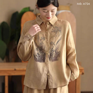 Áo sơ mi linen dài tay cổ đức in đối xứng trước ngực - A724