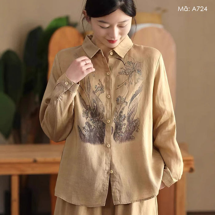Áo sơ mi linen dài tay cổ đức in đối xứng trước ngực - A724