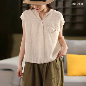 Áo sơ mi linen sát nách cổ trái tim một túi - A806