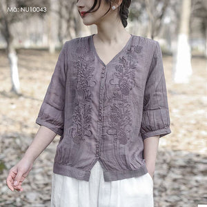 Áo sơ mi linen ngắn tay cổ V thêu mùa hè - NU10043