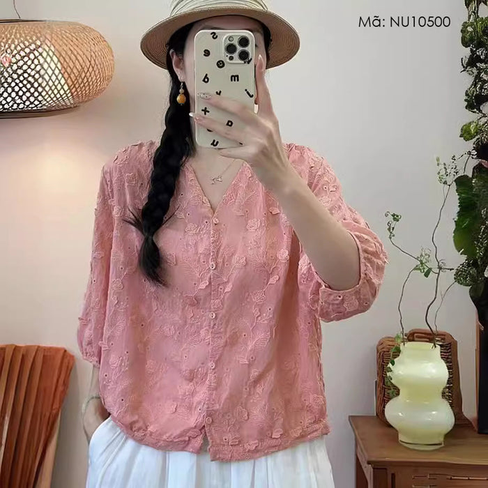 Áo sơ mi cardigan linen tay lửng cổ V thêu hoa lá - NU10500
