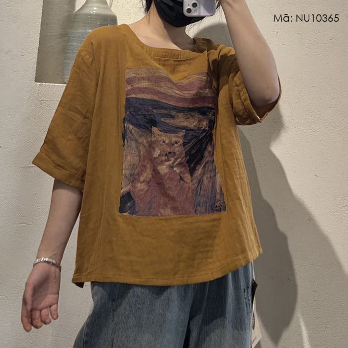 Áo T-shirt linen ngắn tay cổ tròn in chú mèo trong tranh - NU10365