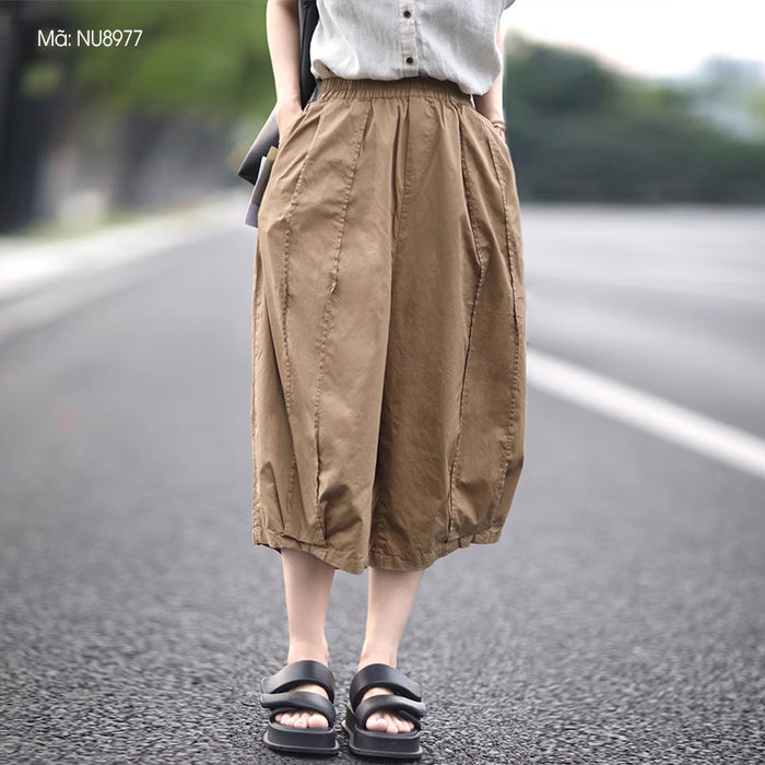 Quần baggy lửng lưng thun ống rộng xếp ly hai túi chéo - NU8977
