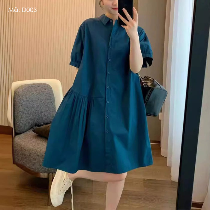 Đầm liền sơ mi ngắn tay cổ đức xếp ly một bên - D003