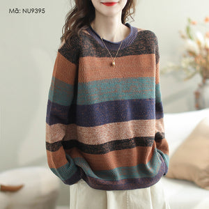 Áo len đan móc dài tay cổ tròn kẻ sọc màu sắc - NU9395